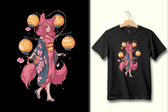 Anime Girl with Fox Ears Kimono PNG Art for Creative Projects