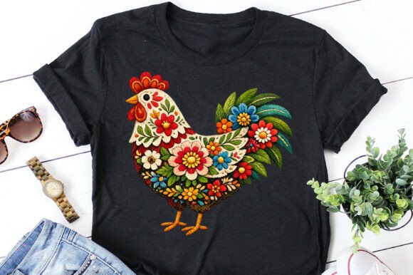 Floral Chicken Embroidery Png T-Shirt: A Design Asset for Rustic Charm
